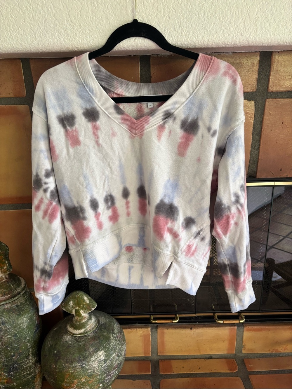 Michael Stars Tie-Dye V-Neck Pullover Sweatshirt - red white and blue team USA